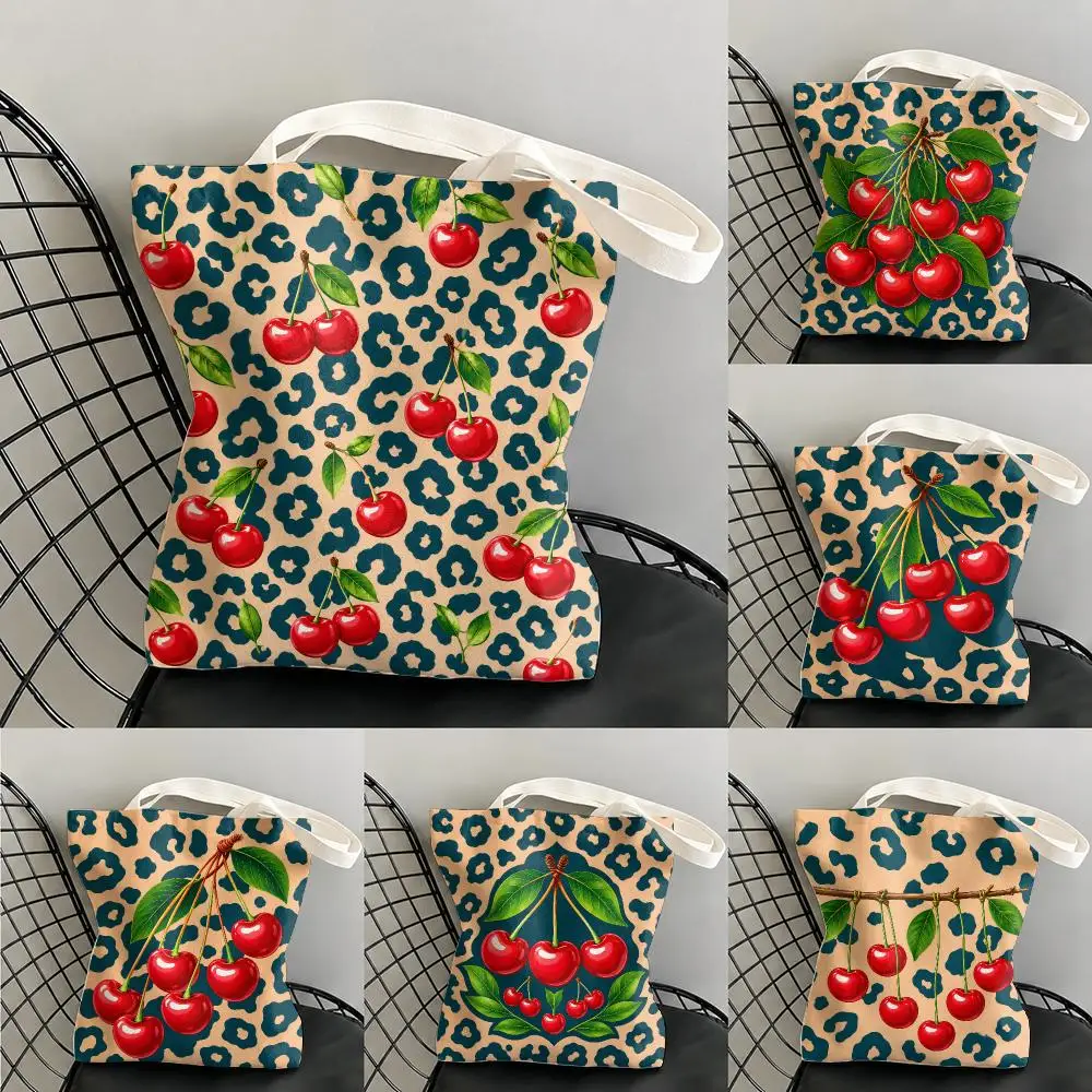 Chic Cherry & Leopard Storage Bags Large Capacity Canvas Tote Bag Double-Sided Print Shoulder Handbag for Daily Shopping