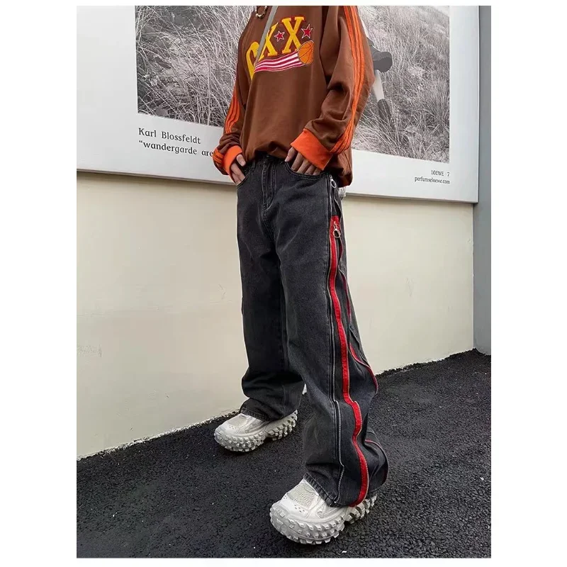 

Men's Clothing Jeans Side Zipper Match Color Straight Oversized Denim Pants Spring and Autumn Men's Summer Thin Wide-leg Pants