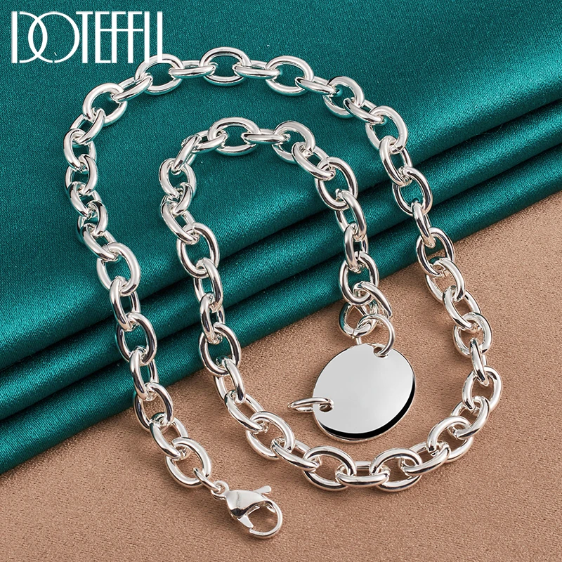 DOTEFFIL 2pcs 925 Sterling Silver Oval Pendant Necklace Bracelet Set For Women Man Wedding Engagement Party Jewelry