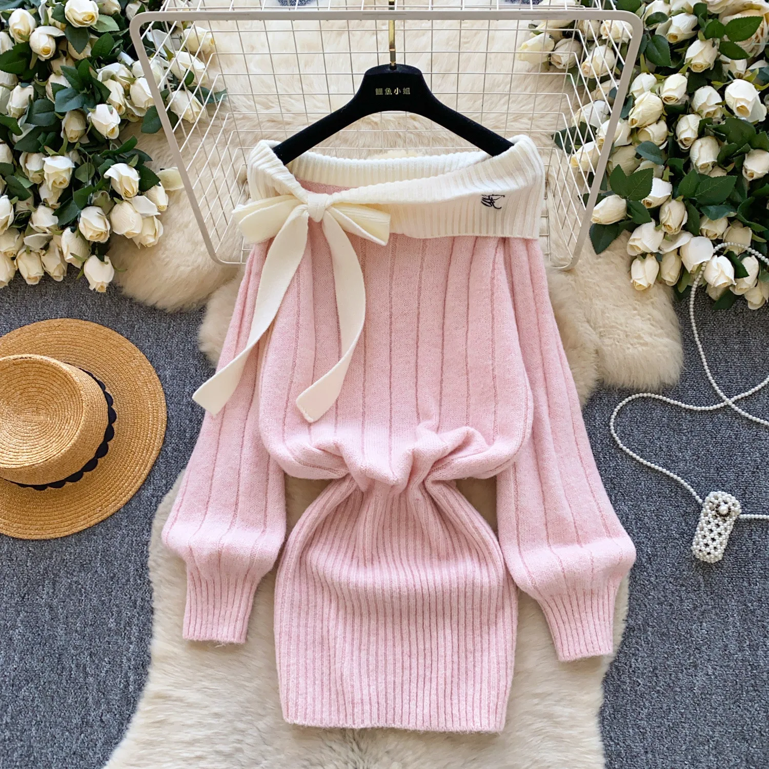 

Knitted Dresses Women Dress Spliced Pleated Bodycon Bow Slash Neck Long Sleeves Cinched Empire Waist Slim Fit 2025 Autumn Winter