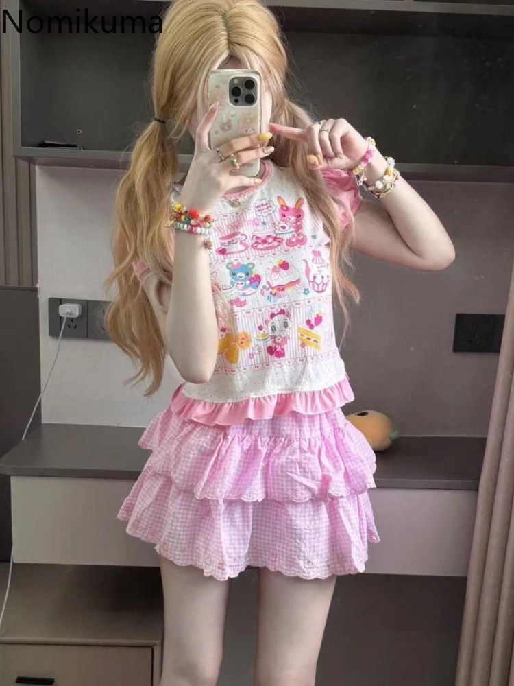 Japanese Clothing Two Piece Sets Skirt Outfits Anime Short Sleeve Tshirts Embroidery Mini Skirts Suit Chic Sweet Summer Y2k Set