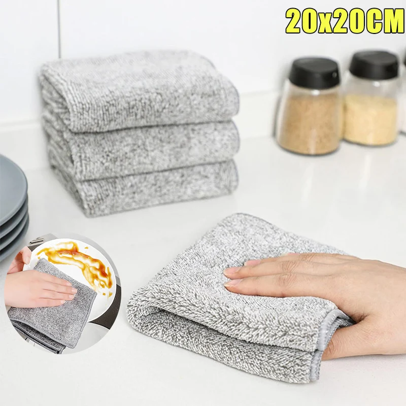 200PCS Bamboo Charcoal Dish Towel Fine Fiber Dish Towel Kitchen Rag Thickened Absorbent Cleaning Hand Wipes Towel 20*20cm