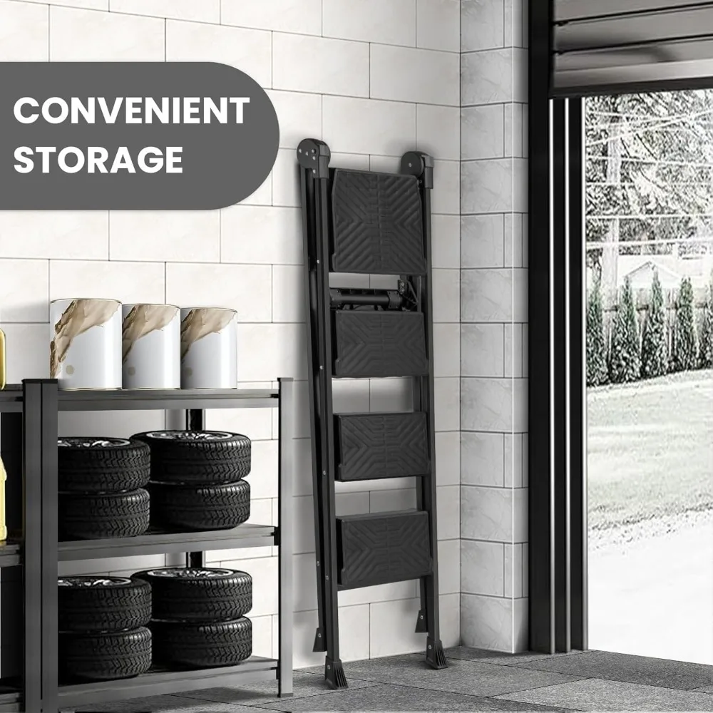 Escada dobrável com corrimão e bandeja de ferramentas, pedal largo antiderrapante, capacidade de 660 libras, construção de aço resistente para uso doméstico