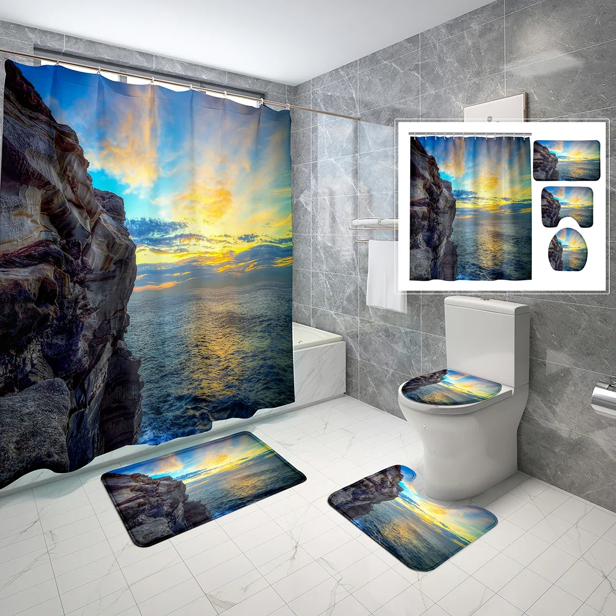 4 Pcs Seascape Shower Curtain Set Sky Clouds Rock Ocean Scenery Non-slip Bath Mat Toilet Lid Waterproof Shower Curtain Sets