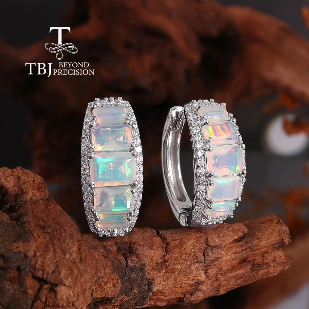 

TBJ, New 925 sterling silver clasp earrings Octagonal opal natural gemstones simple design fine jewelry for women's daily wear