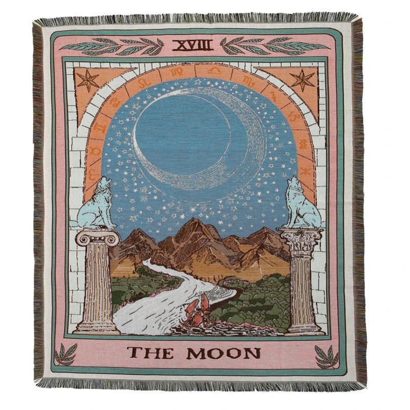 The Moon Tarot Jacquard Throw Blanket Vintage Sun & Star Celestial Woven Tapestry Bohemian Mystical Astrology Fringe Throw
