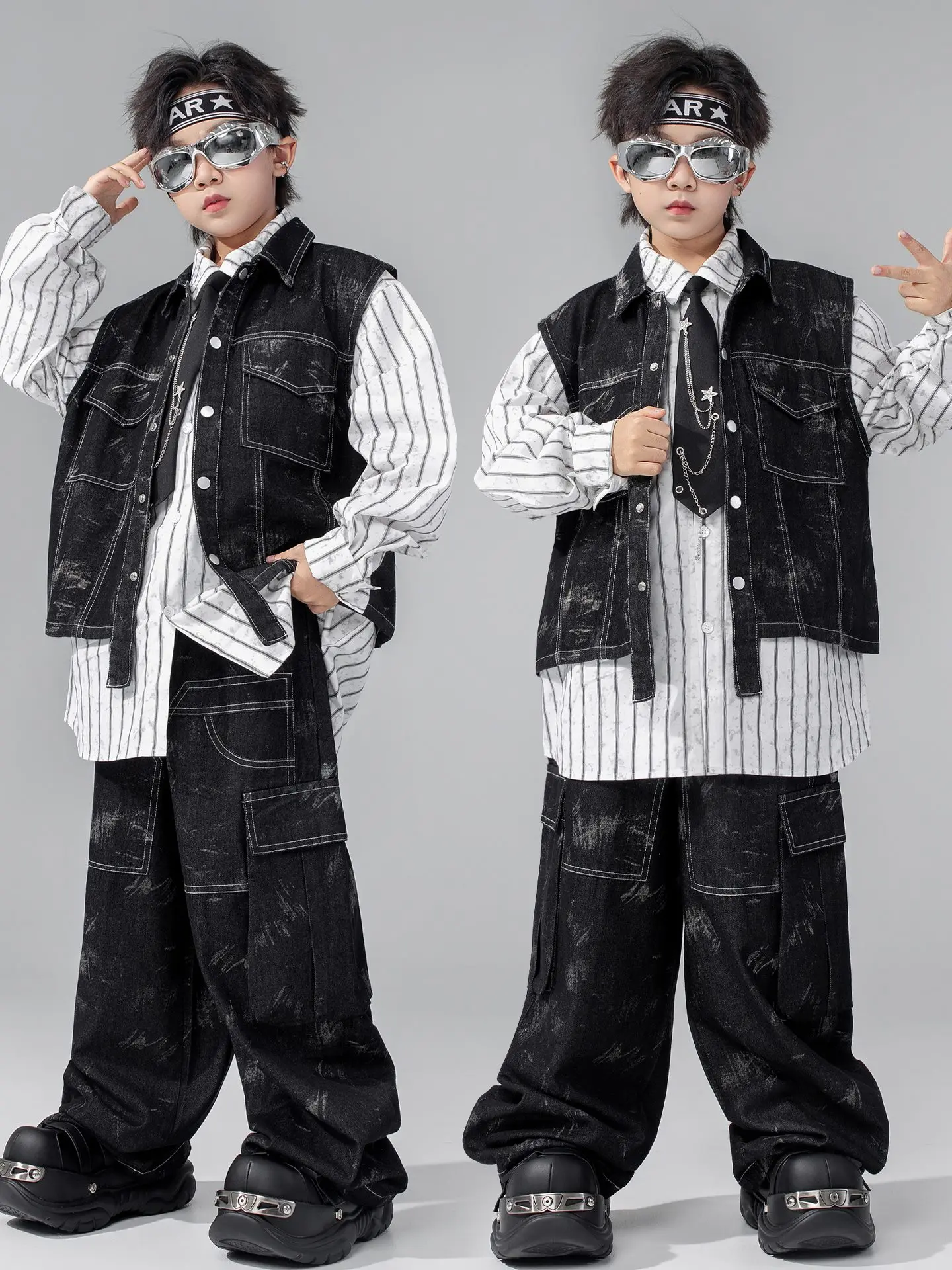 

Одежда для уличных танцев для мальчиков, жилет в стиле хип-хоп, брюки, полосатая рубашка, свободный костюм для групповых выступлений, наряд для джазовых танцев для девочек, модный BL17770