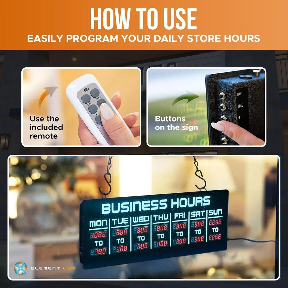 Programmable Business Hours Sign with Bright LEDs, Remote and Hanging Kit, 16 x 5.5, Blue