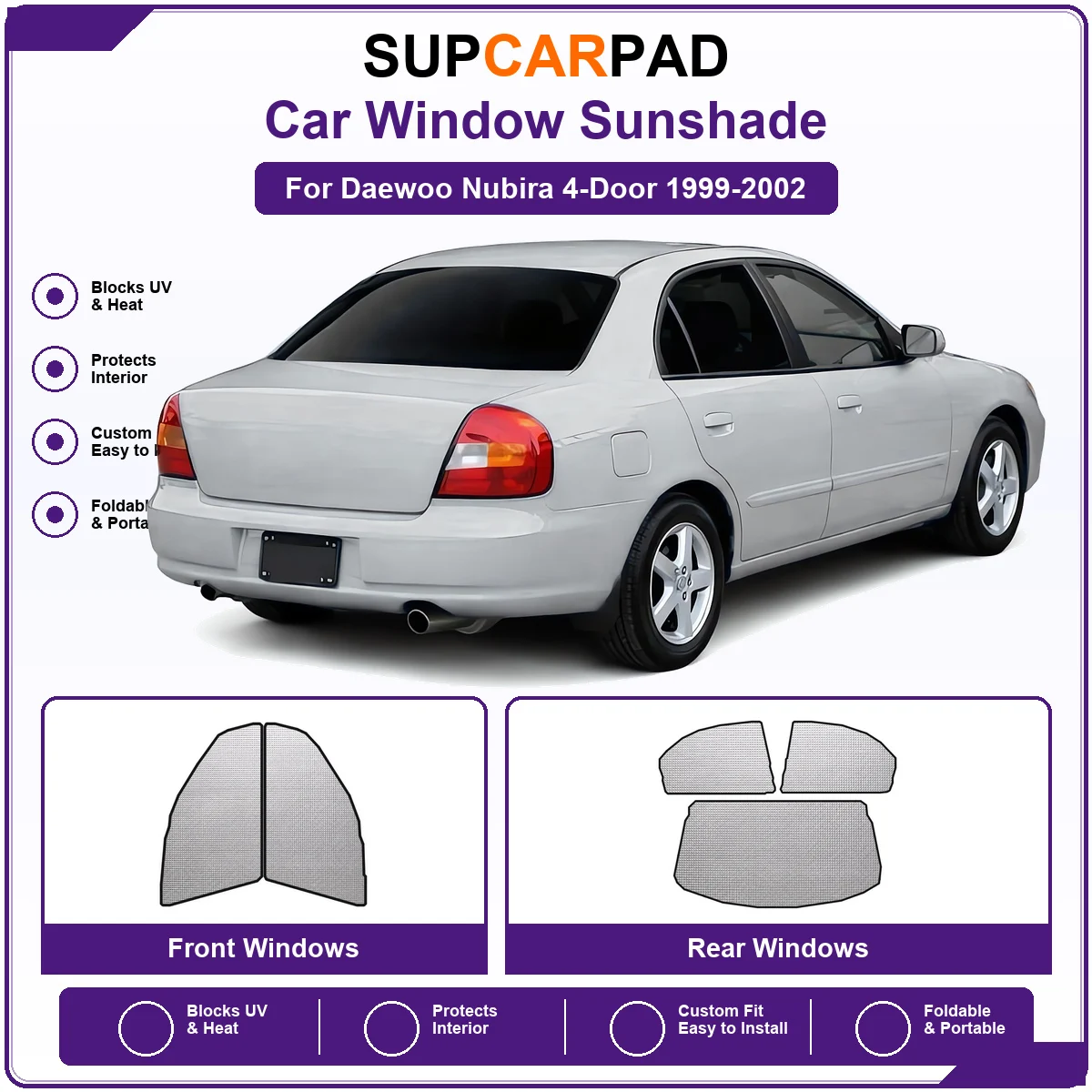 For Daewoo Nubira 4-Door 1999-2002 Pre‑Cut Auto Window Sunshade Anti‑UV Car Sun Visor Protector
