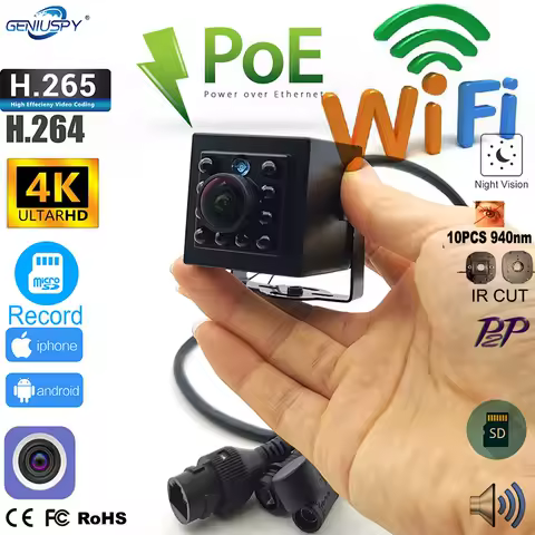 Camhi 4k IR Mini Wifi Camera 8Mp POE Ip Cameras Cctv Security H.265 Indoor Audio Video Surveillance 940nm IR Led For Birdcage