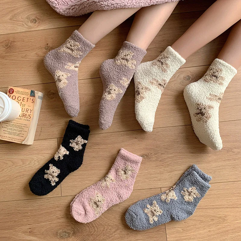 

3 пары сезонов, толстые и теплые носки из кораллового флиса, плюшевые зимние носки с милыми животными, теплые и свободные домашние носки для сна