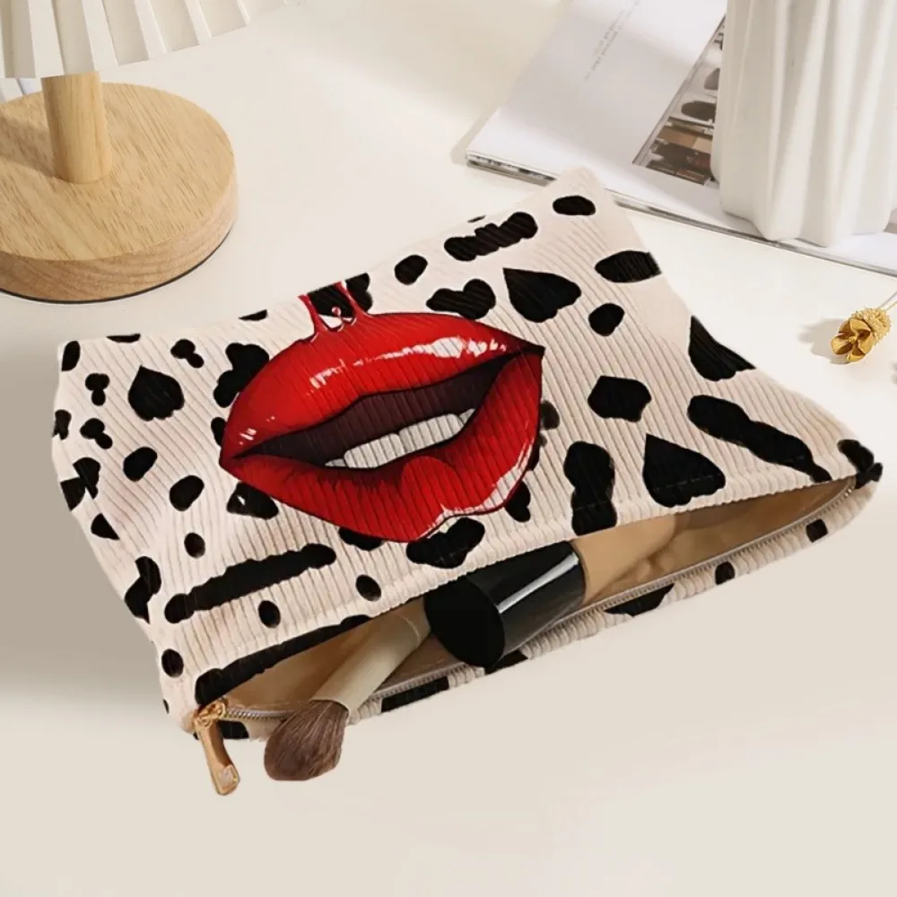 Lip Pattern Printed Makeup Bag Corduroy Lightweight Cosmetic Storage Bag with Zipper Multi-functional Clutch Bags Travel