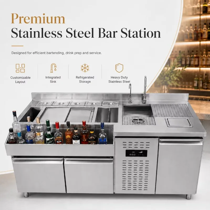 Professional Stainless Steel 201 Mobile Bar Sink Glass Rinser Bartender Station for Nightclub Beverage Mixing Glass Cleaning