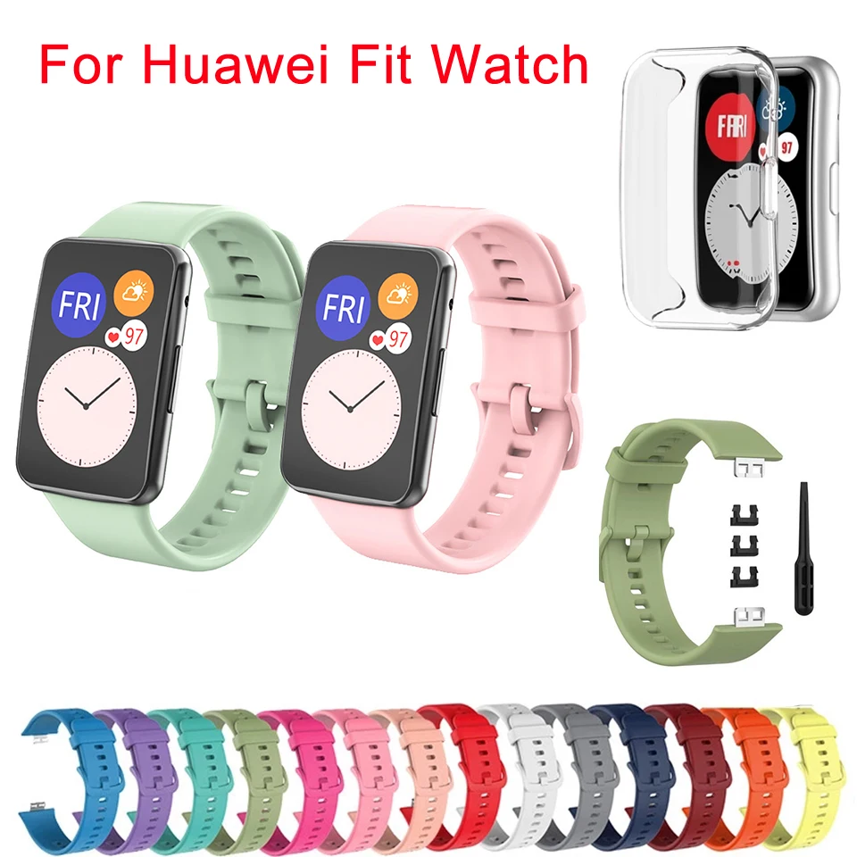 Soft Silicone Bracelet Band Strap For Huawei Watch Fit TIA-B09/TIA-B19 Smart Watch Solid Color Strap With Stainless Steel Buckle