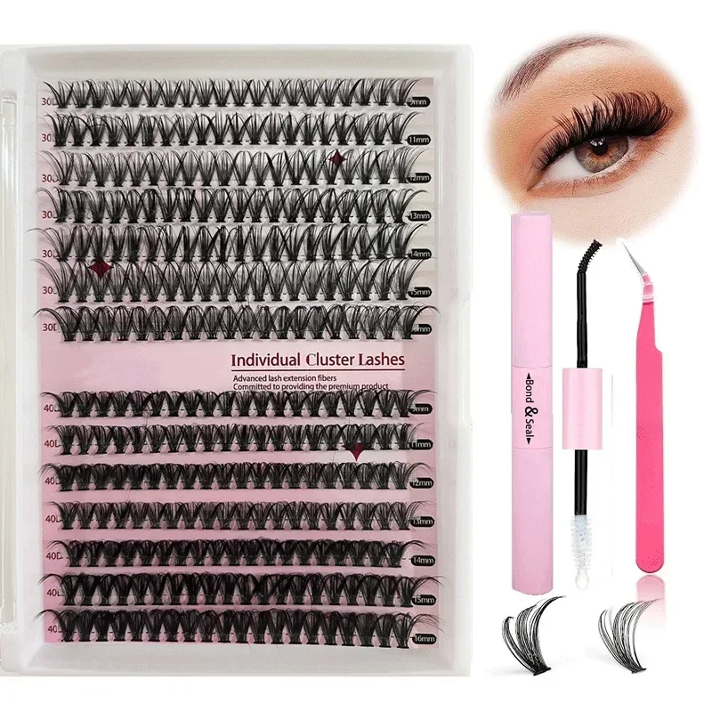 30d 40d curvado cílios postiços diy kit de extensão de cílios 280 pçs com pinças cola kit de extensão de cílios falsos cluster cílios compõem