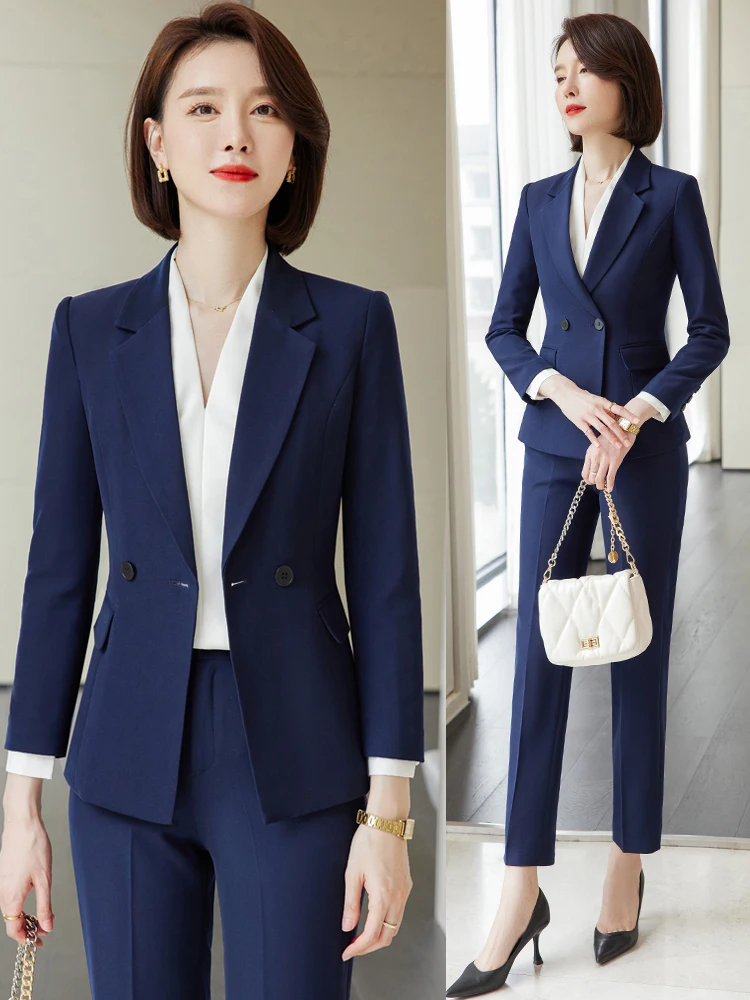 Professional Women's Workwear Suit Set Store Manager Work Uniform Long Sleeve Slim Fit Commute Style Pure Color Jacket