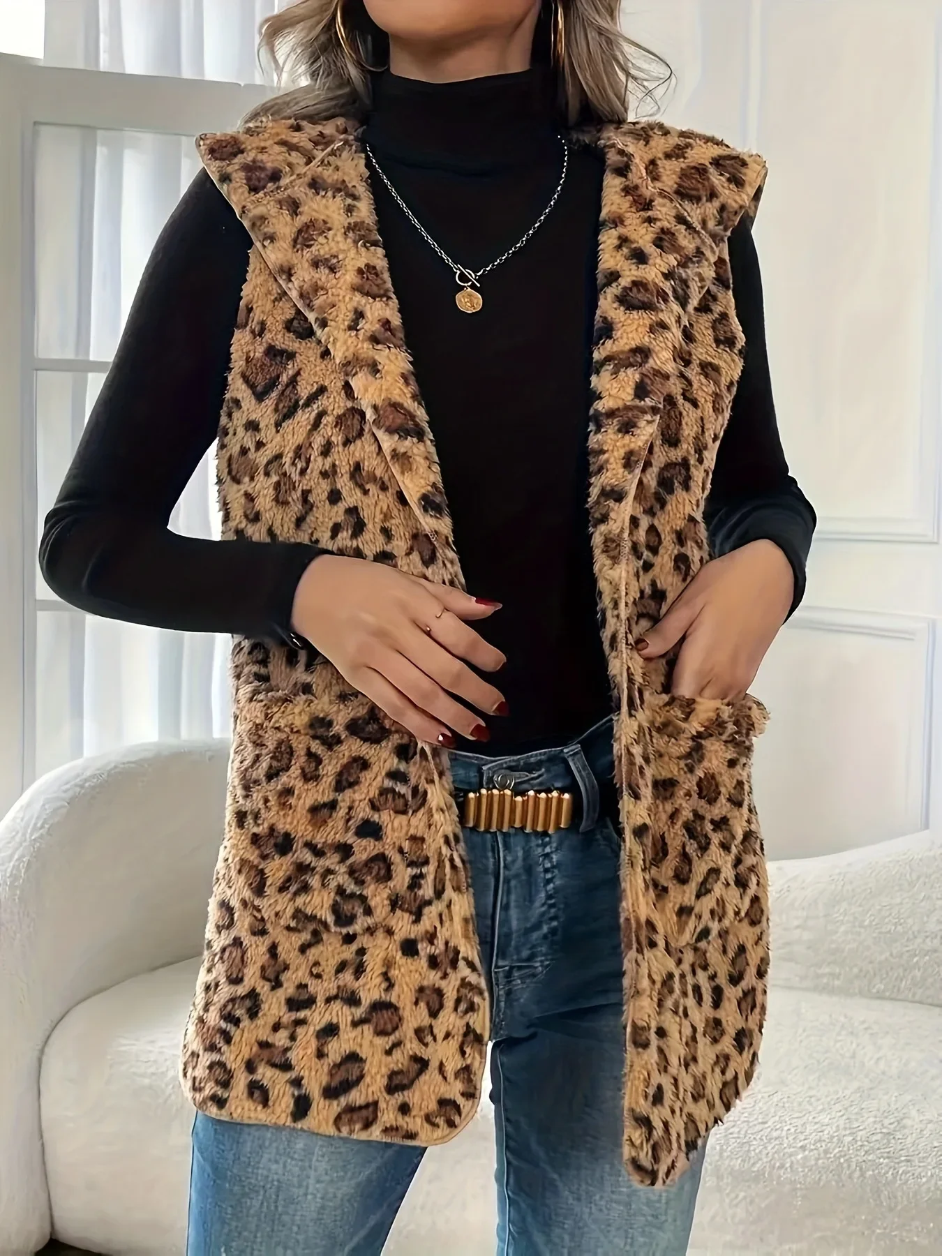 

2025 Loose Leopard Print Thick Vest Coat Woman Hooded Sleeveless Warm Plush Waistcoat Lady Autumn Winter Vest Jacket