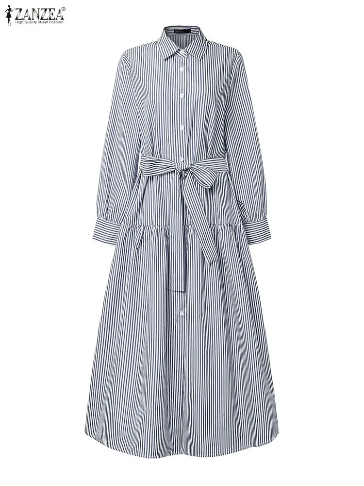 Zanzea escritório vestidos femininos 2025 outono elegante lapela pescoço manga longa camisa vestido casual listra trabalho vestidos botões para baixo robe