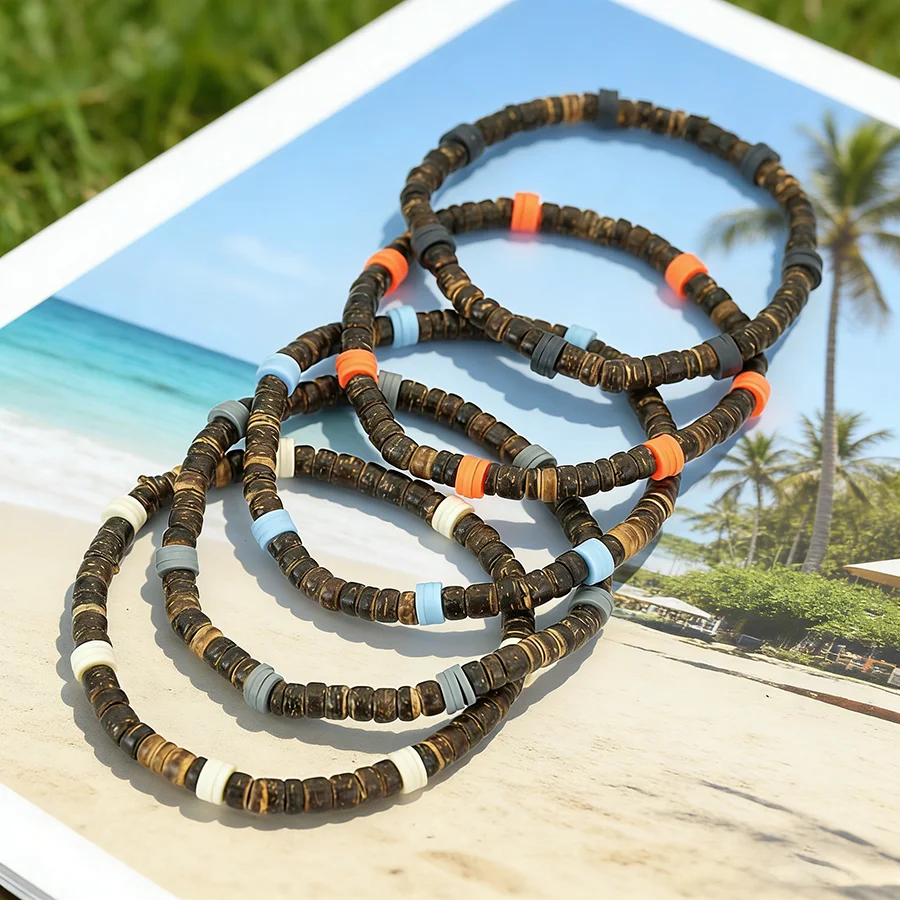 

Повседневный браслет из бусин из кокосовой скорлупы, унисекс, аксессуар для одежды, красочный эластичный браслет из полимерной глины, летний, для серфинга, парный, Joias