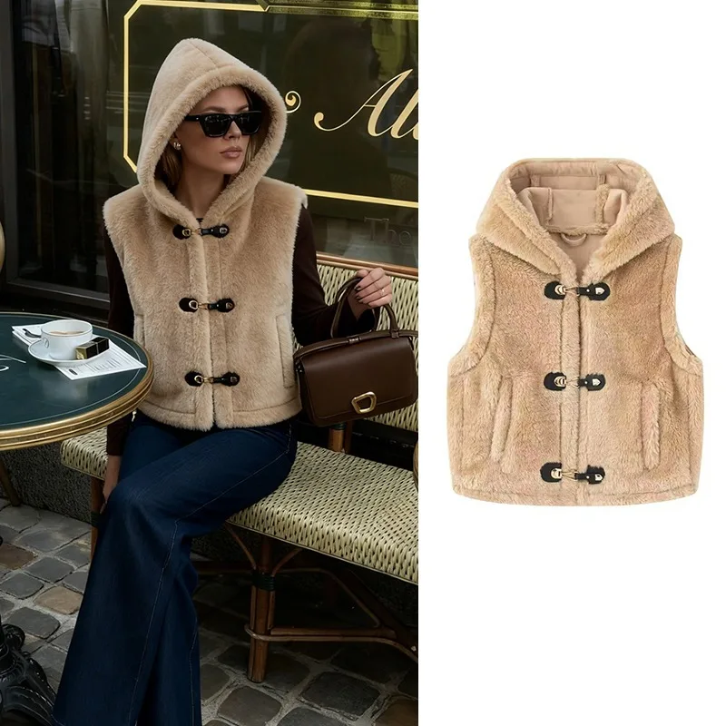 

CharmChant cropped hooded Fleece Vests Woman Trend 2025 winter New in Outerwear Sleeveless Cardigan Waistcoat fur Coat Women