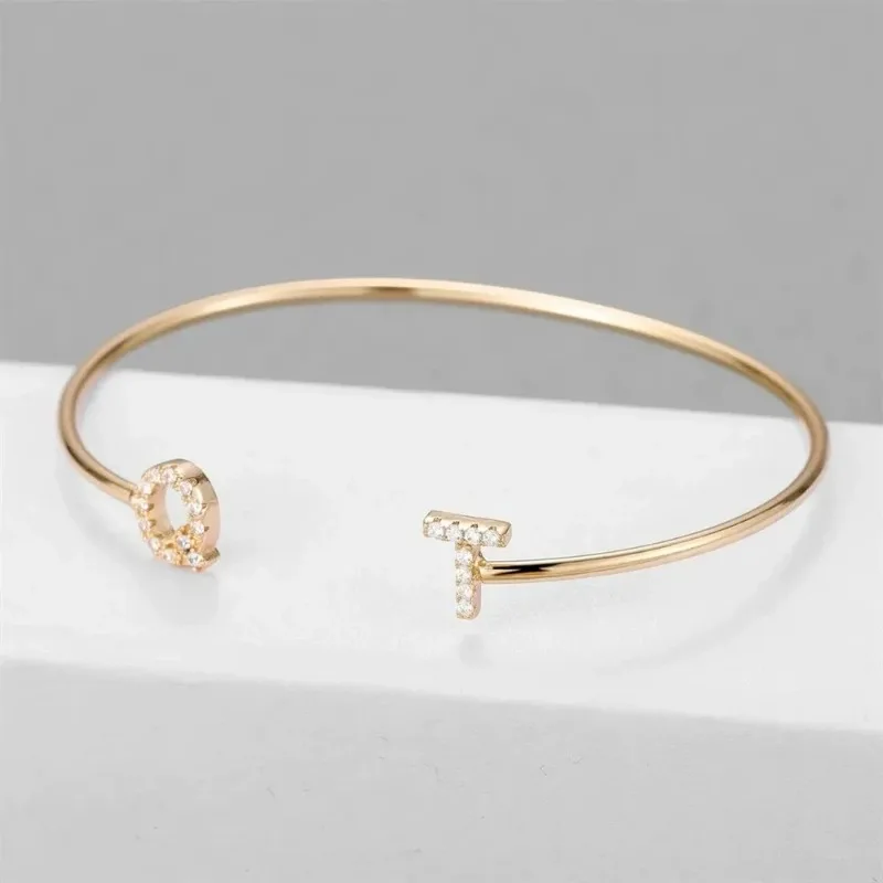 Custom Lettter Bangle Women Cuff Bangle Zirconia Pave Initial Adjustable Bracelet Personalized Stainless Steel Jewelry Gift