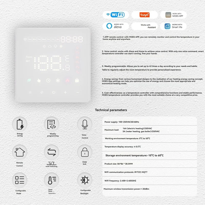 Tuya Wifi Thermostat Smart Electric Floor Heating Temperature Controller Switch Support APP Remote Alexa Voice Control