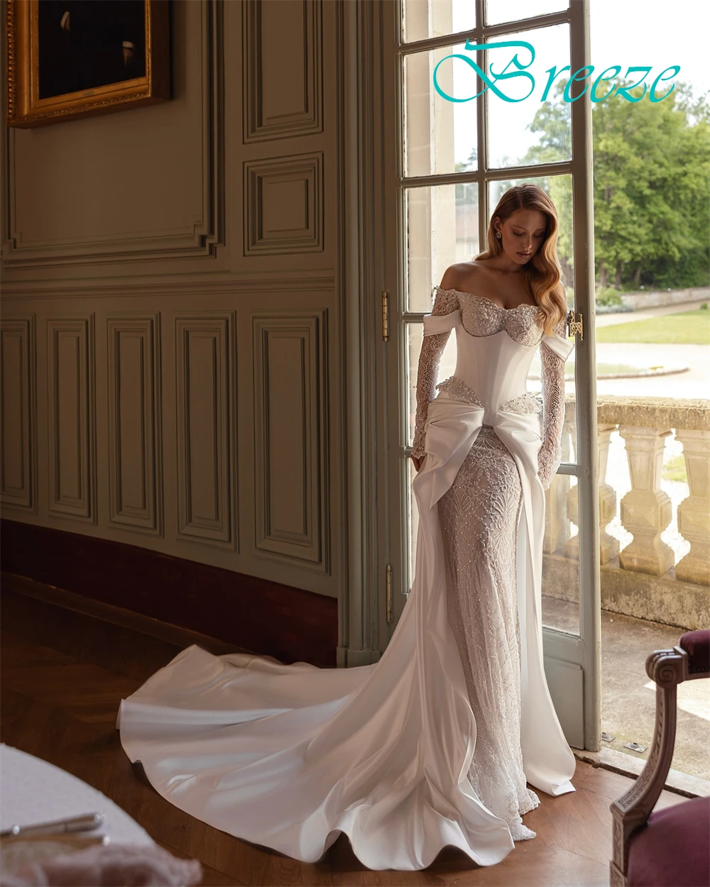 Vestido De Novia De Organza blanco suave personalizado, Vestido De Novia Formal De manga larga con escote corazón, Vestido De Novia bohemio con cola De corte De sirena