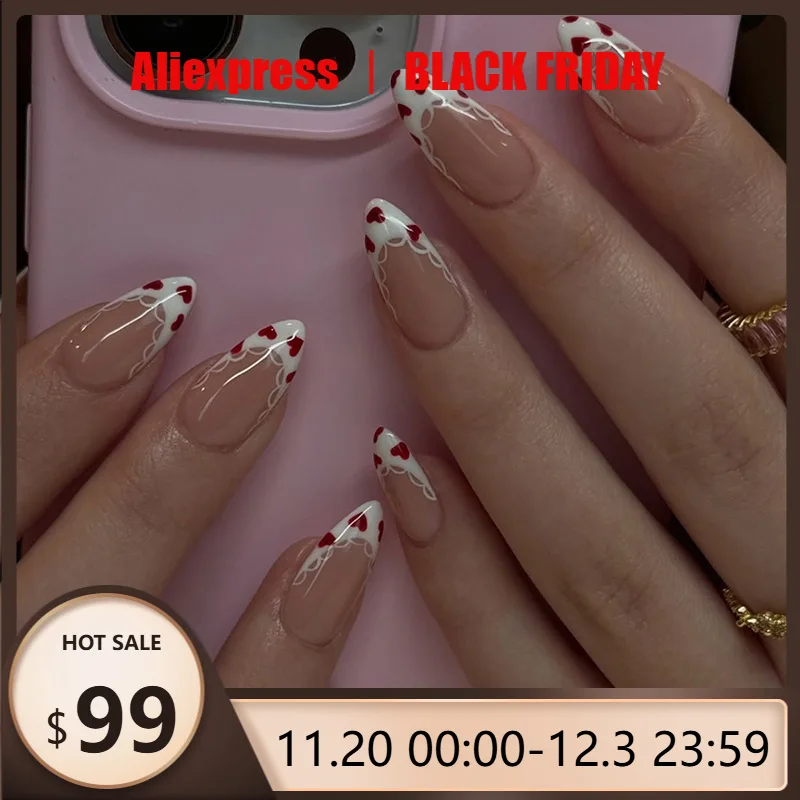 

24pcs Press-On Nails French Style with Red Base Heart Patterns Minimalist White Lace Decoration Almond Shape Perfect for Girls