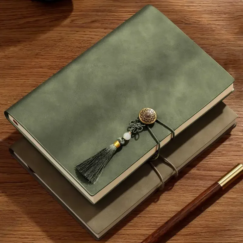 Traditional Chinese Style Tassel Notebook 200 Sheets Green Suede Leather Hardcover Elastic Strap Diary Journal Stationery Gift