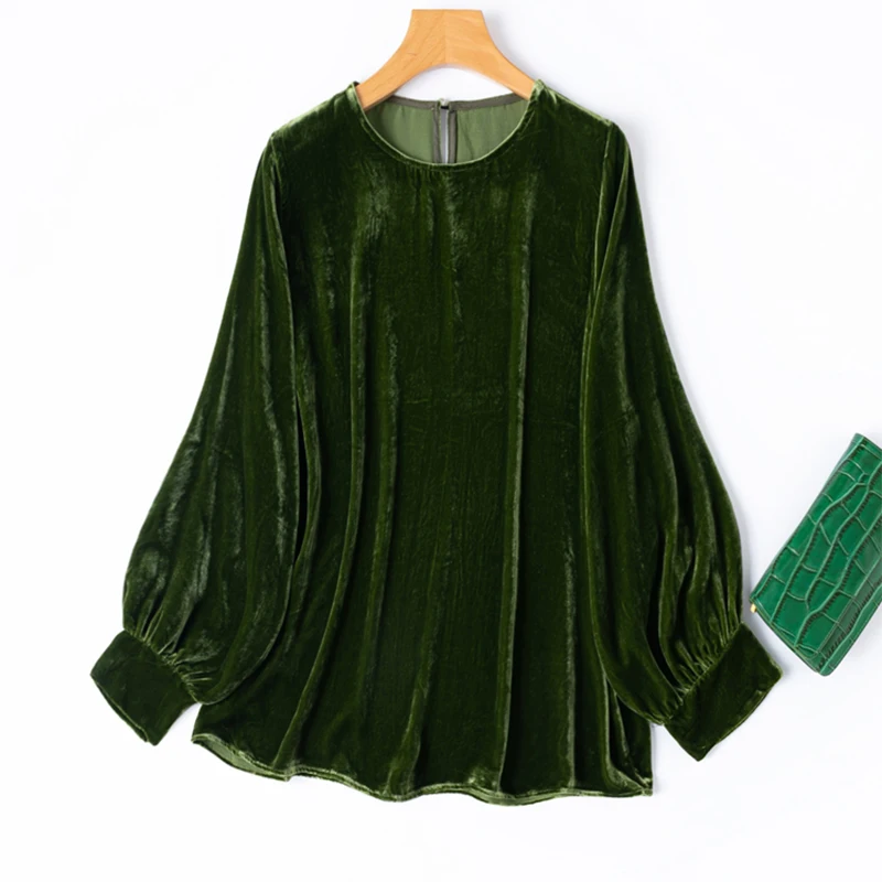 

Women's Silk Velvet Blouse Dark Green Long Sleeve Pullover Loose Fit Office Shirt 100% Mulberry Silk Lining 2026 Style M1460