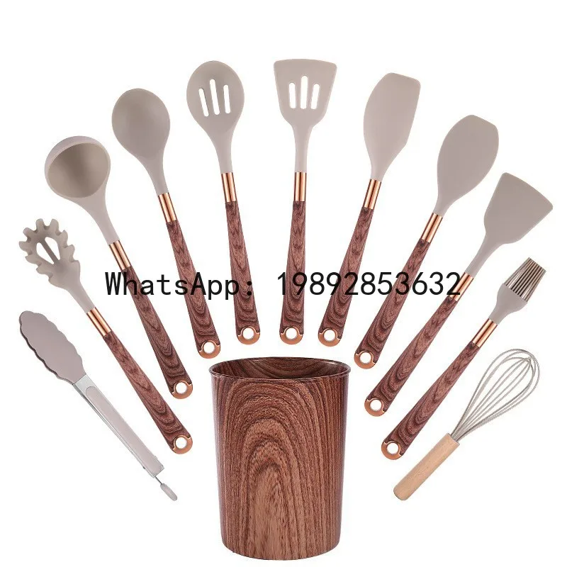 

PYJ silicone wood grain kitchen utensils non-stick pan anti-scalding gold-plated wood grain handle cooking utensils 11-piece set