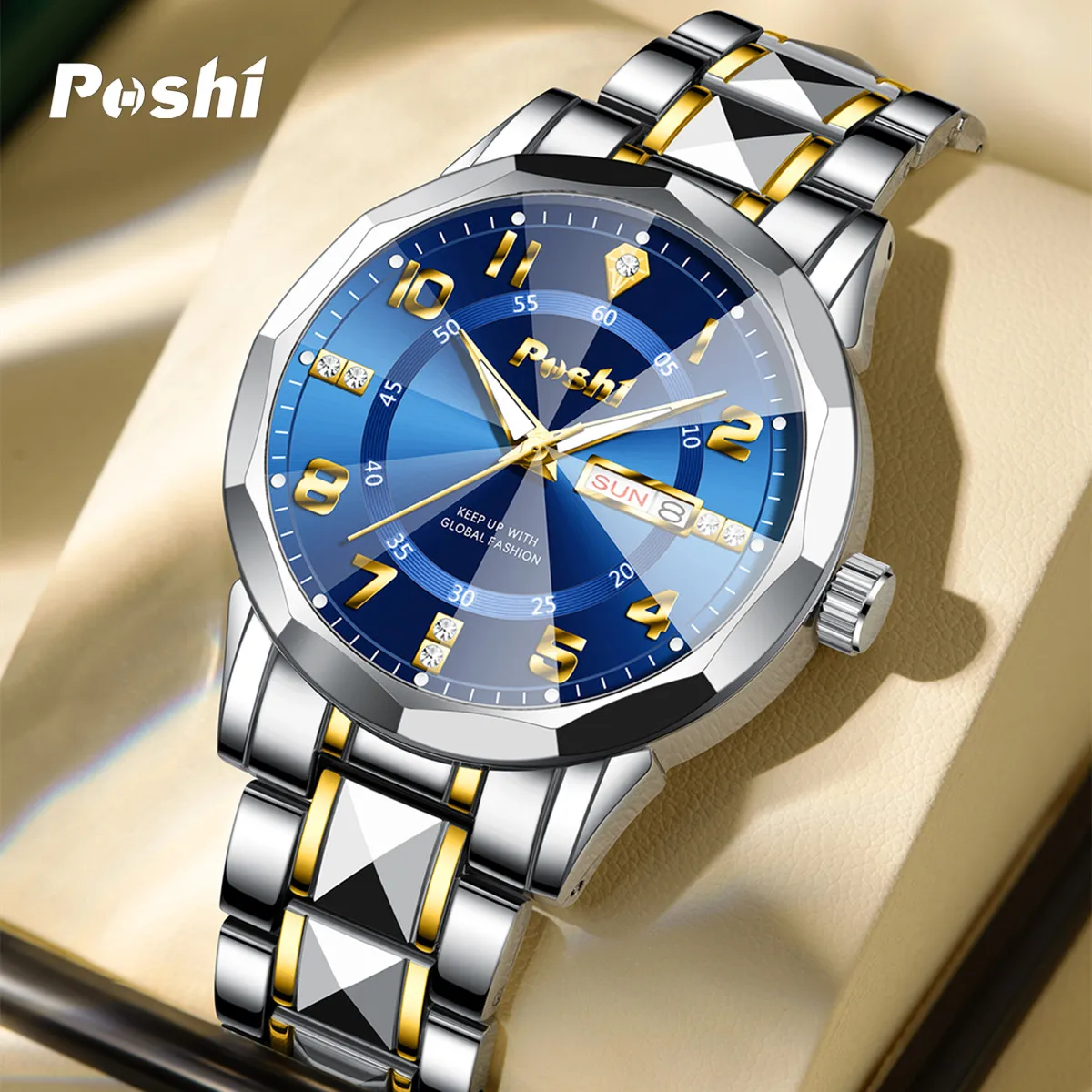 

POSHI Luxury Men Quartz Watch Waterproof Date Week Luminous Wristwatch Stainless Steel Men's Watches Male Clock Reloj With Box