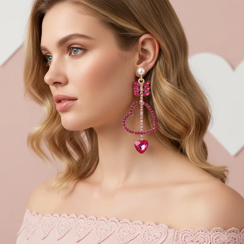 Exaggerated design sense light luxury colored diamond arrow love earrings sweet temperament alloy diamond-set heart earrings wom