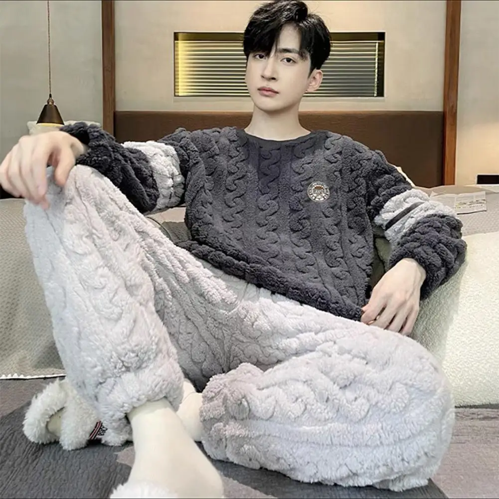 2 Pcs/Set Men's Winter Pajamas Set Twisted Texture Long Sleeve Sleepwear for Sleeping Elastic Waist Warm Soft Men Homewear