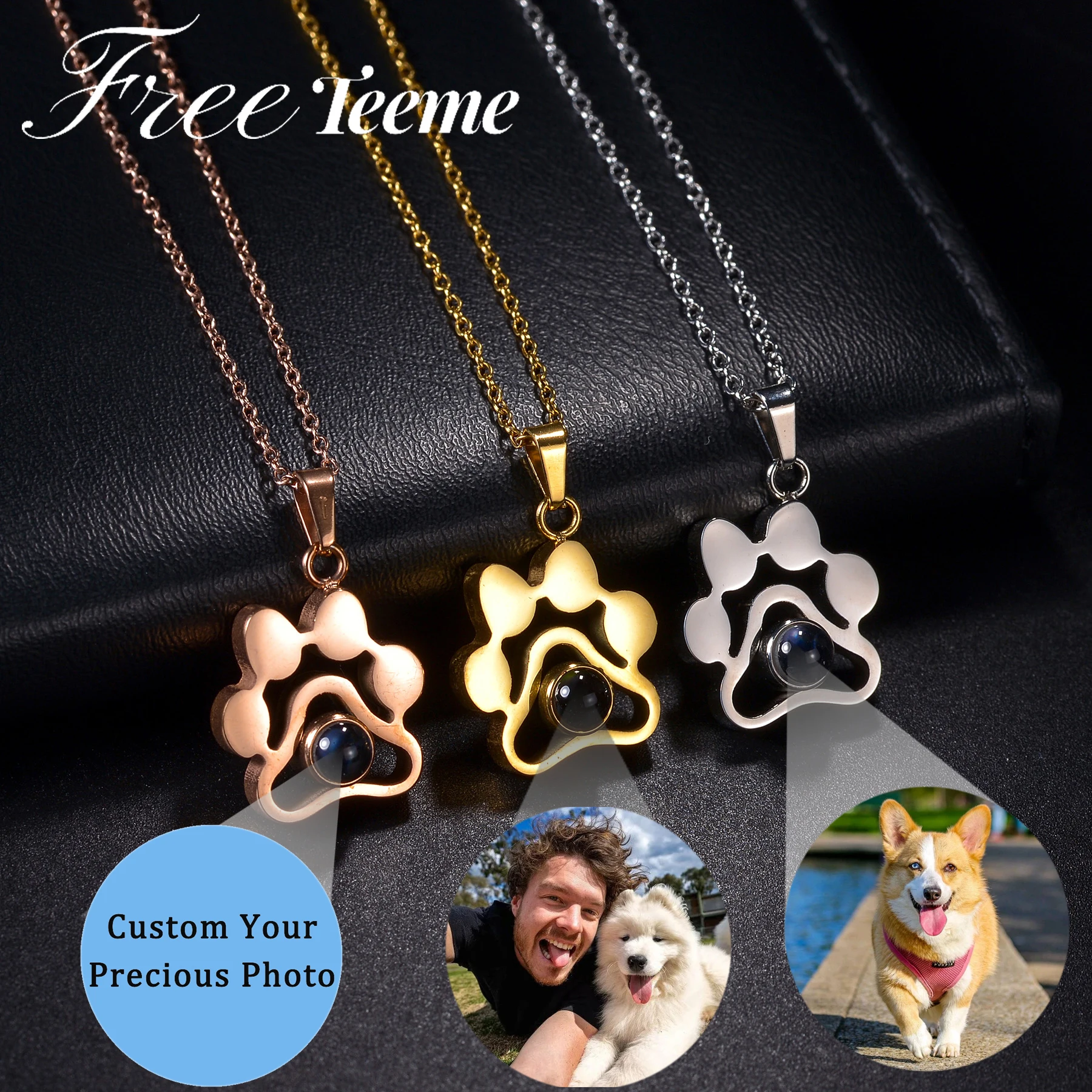 

Freeteeme Personalized Photo Projection Paw Necklace for Women Stainless Steel Custom Pet Dog Paw Memorial Picture Pendant Gift