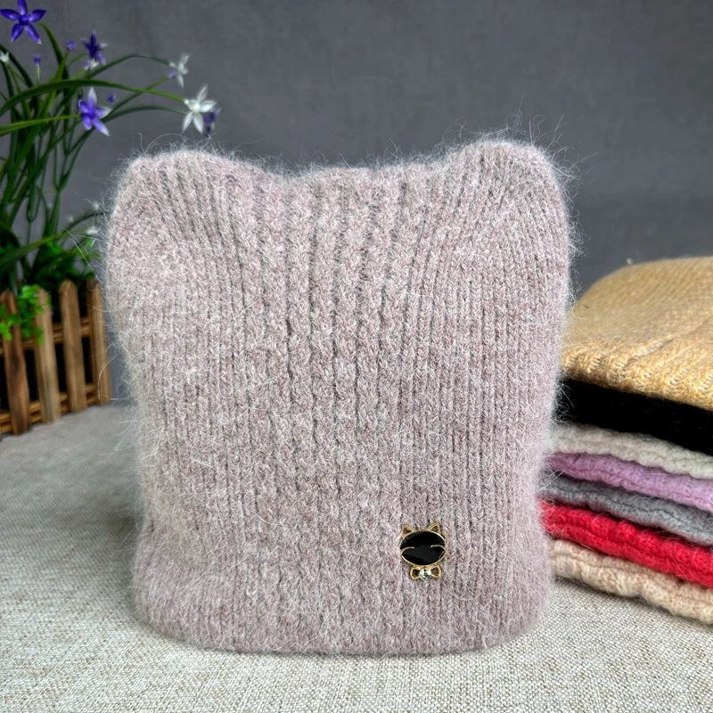 

Autumn and Winter New Angora Rabbit Hair Cat Wool Hat Headband Hat Ear Protector Wool Hat Rabbit Hair Knitted