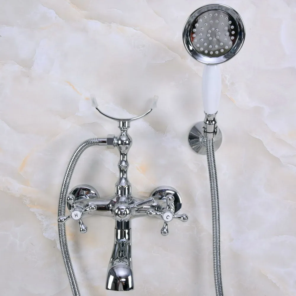 

Chrome Polished Brass Bathroom Tub Faucet W/Hand Shower Sprayer Clawfoot Mixer Tap Wall Mounted