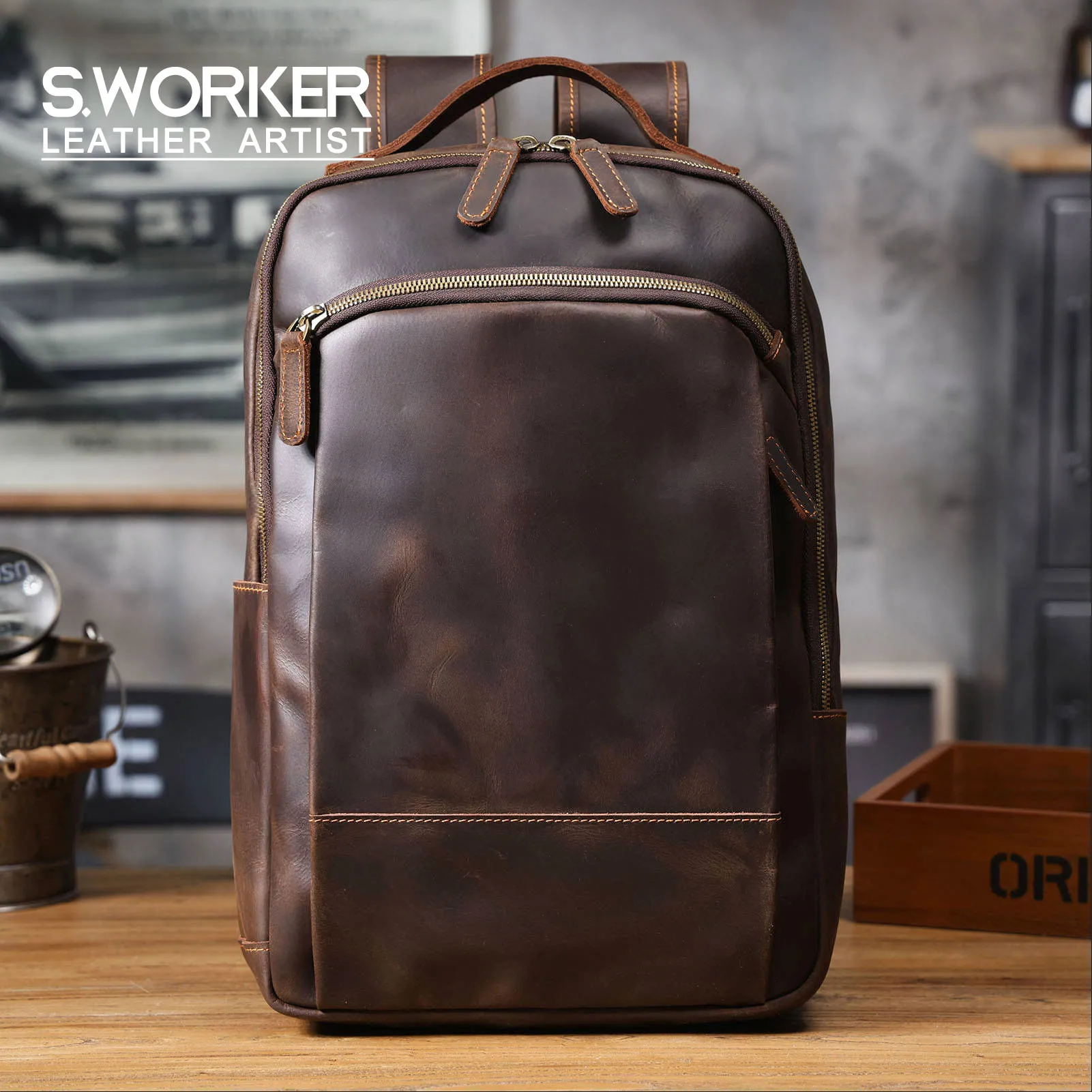 S.WORKER Vintage Echtleder-Rucksack 16“ Laptop-Tasche Crazy-Horse-Leder Schultasche Outdoor-Reise-Weekender-Schultertasche – Detail 2