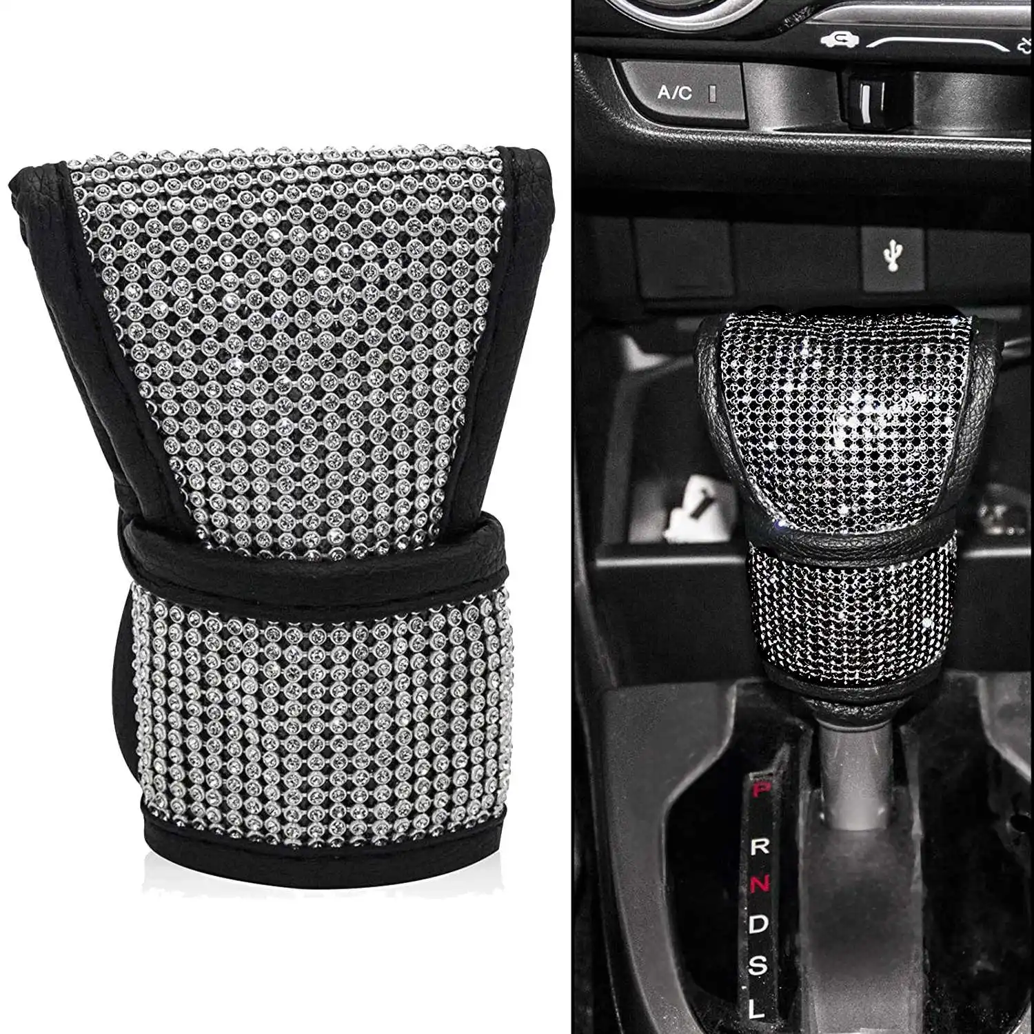 Car Rhinestones Gear Shift Knob Cover for Women/Girls/Lady Bling Rhinestones Tirm Universal Fit for SUV Truck