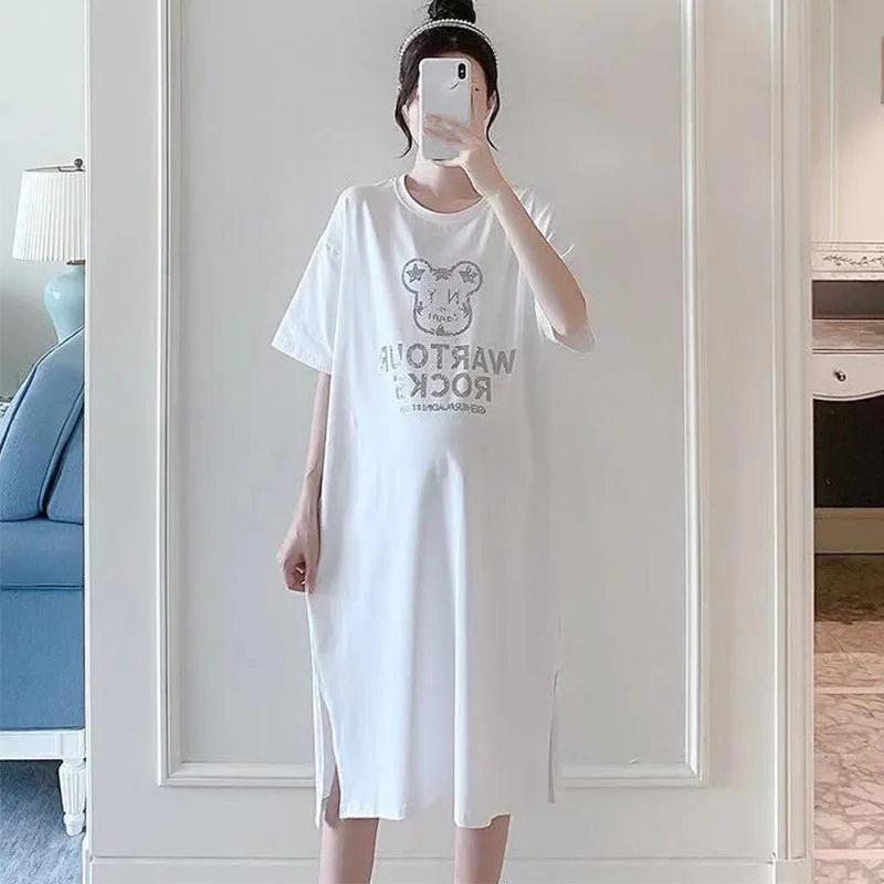 Pregnant Women 2024 Summer New Pregnant Women Fashion T-Shirt Skirt Korean Version Fashion Slim Printing Loose Dress