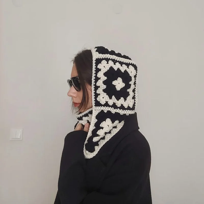 Fashion Designer Halloween Crochet Granny Square Balaclava Hat Women Winter Handmade Hollow Knit Hoodie Beanie Ski Mask