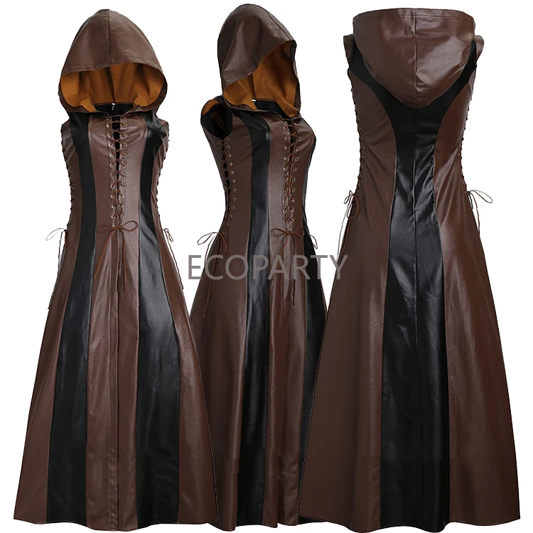 

Women Archer Cosplay Costume with Hooded Faux Leather Long Dress Sleeveless Medieval Adult Halloween Costume Warrior Suit