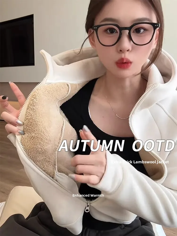

Extra Thick Lamb Velvet Jacket Women's Autumn Winter Sport Orlon Fleece Shoulder Length Sweatshirt Cardigan Korean Style Loos...