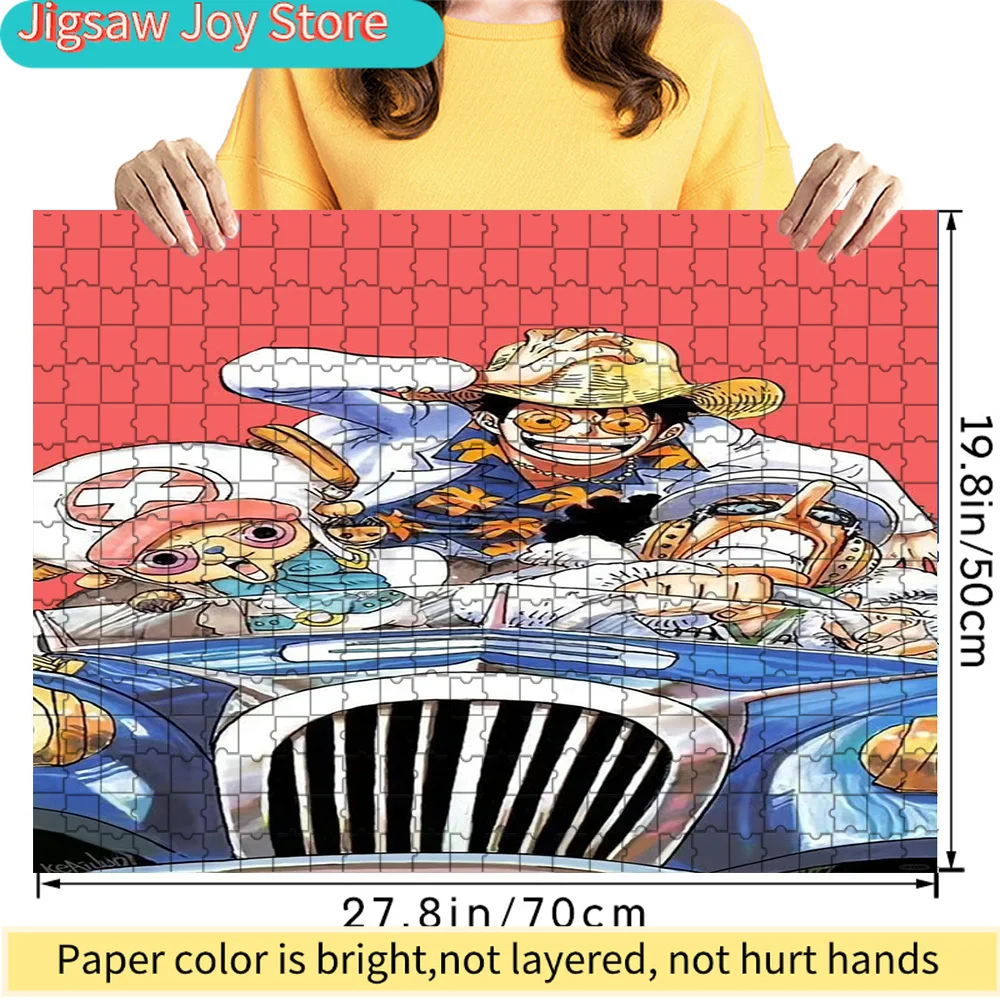 

Premium Paper Jigsaw Puzzle Featuring One Piece Straw Hat Crew Joyful Car Ride Artwork with Luffy, Chopper and Franky, 27.8x19.8
