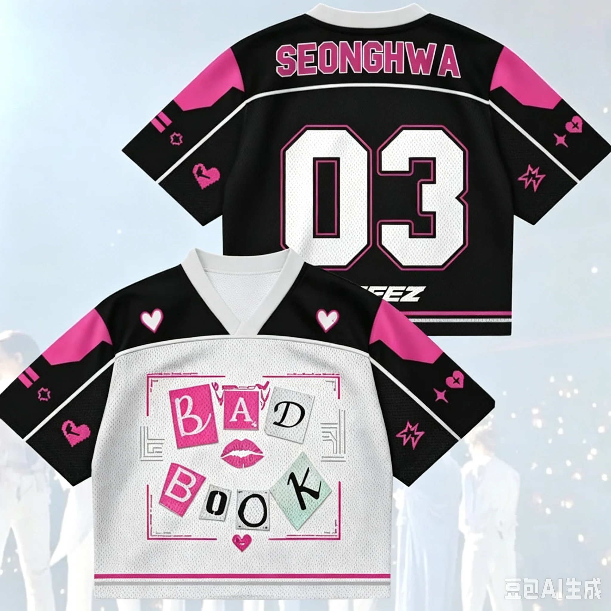 Y2K Pink Black Heart Graphic Kpop Game Jersey, San #10 Bad Book Uniform, Lip Star Print Streetwear for Family Kids Tees