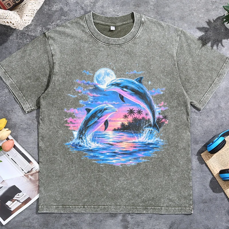 Vintage Delfin T-Shirt Retro 90er Jahre Ozean Grafik T-Shirt Küsten-Meereslebewesen Strand T-Shirt Damen Herren Vintage Gewaschenes Kurzarm-Shirt – Detail 5