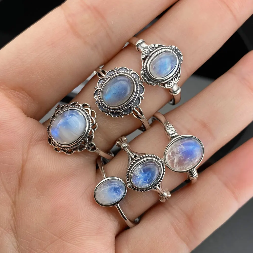 

Винтажный серебряный регулируемый комплект колец с натуральным лунным камнем, ретро полый гравированный дизайн, синие ювелирные изделия из драгоценных камней с вспышкой для женщин