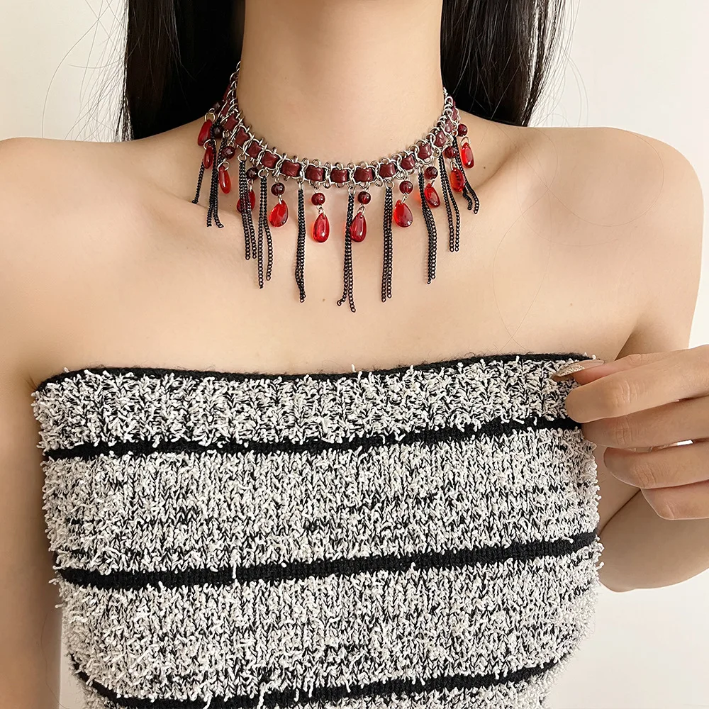 Hot girl collarbone chain Gothic subculture red crystal tassel leather necklace