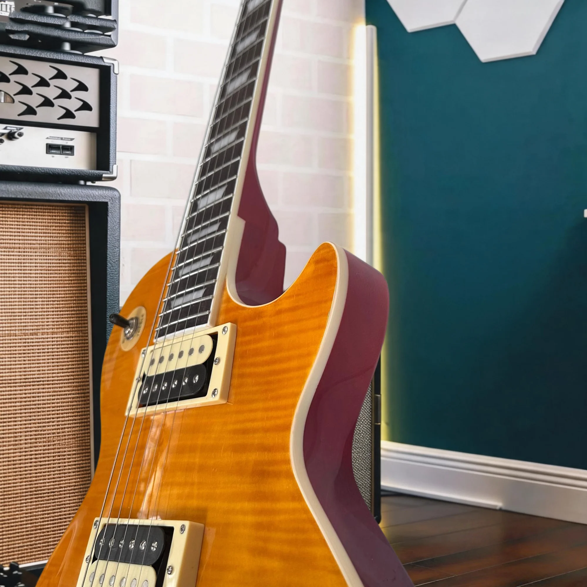 Amber Flame Top LP Style Electric Guitar, Dual Humbucker Vintage Solid Body Rock Guitar