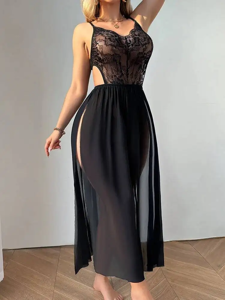 Sexy Erotic Nightdress for Women Lace Temptation Strap Dress Nightgown Sheer Dress Long Dress R5EL